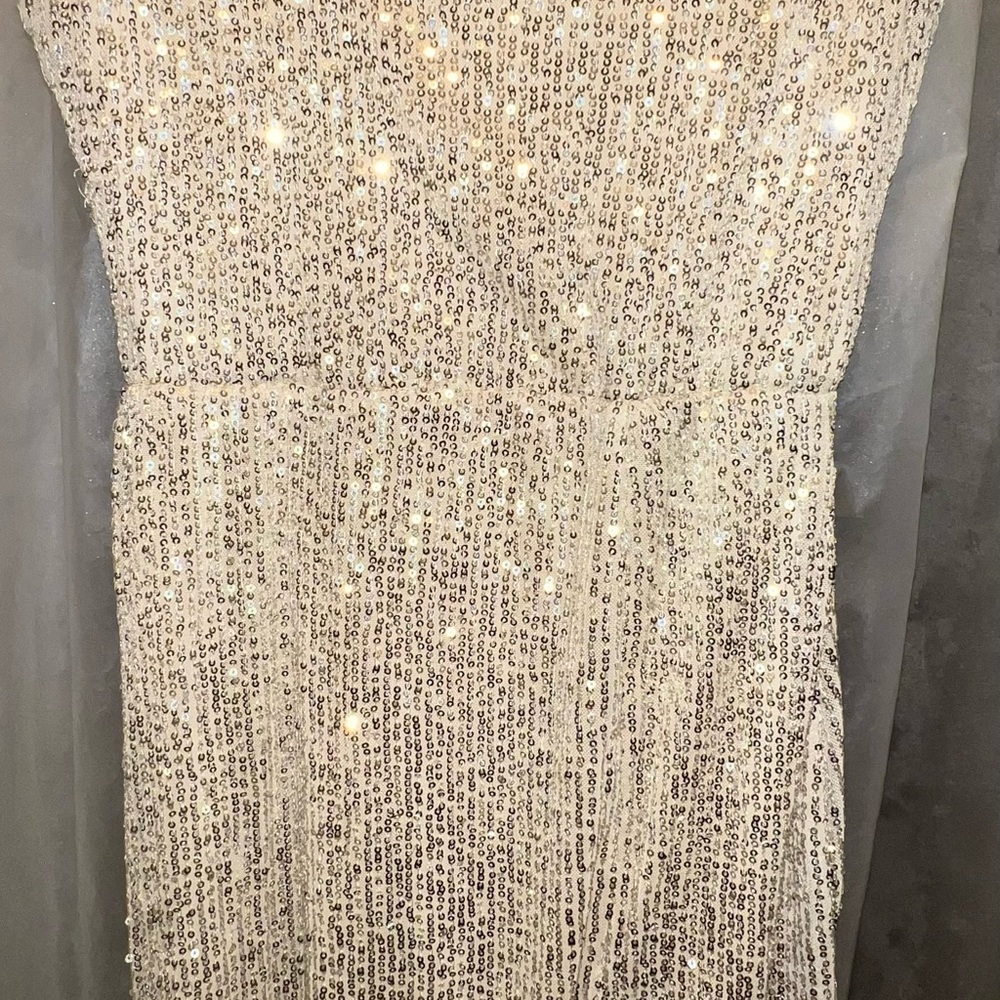 Fashion Nova size medium gold sequence long gown with high thigh slit